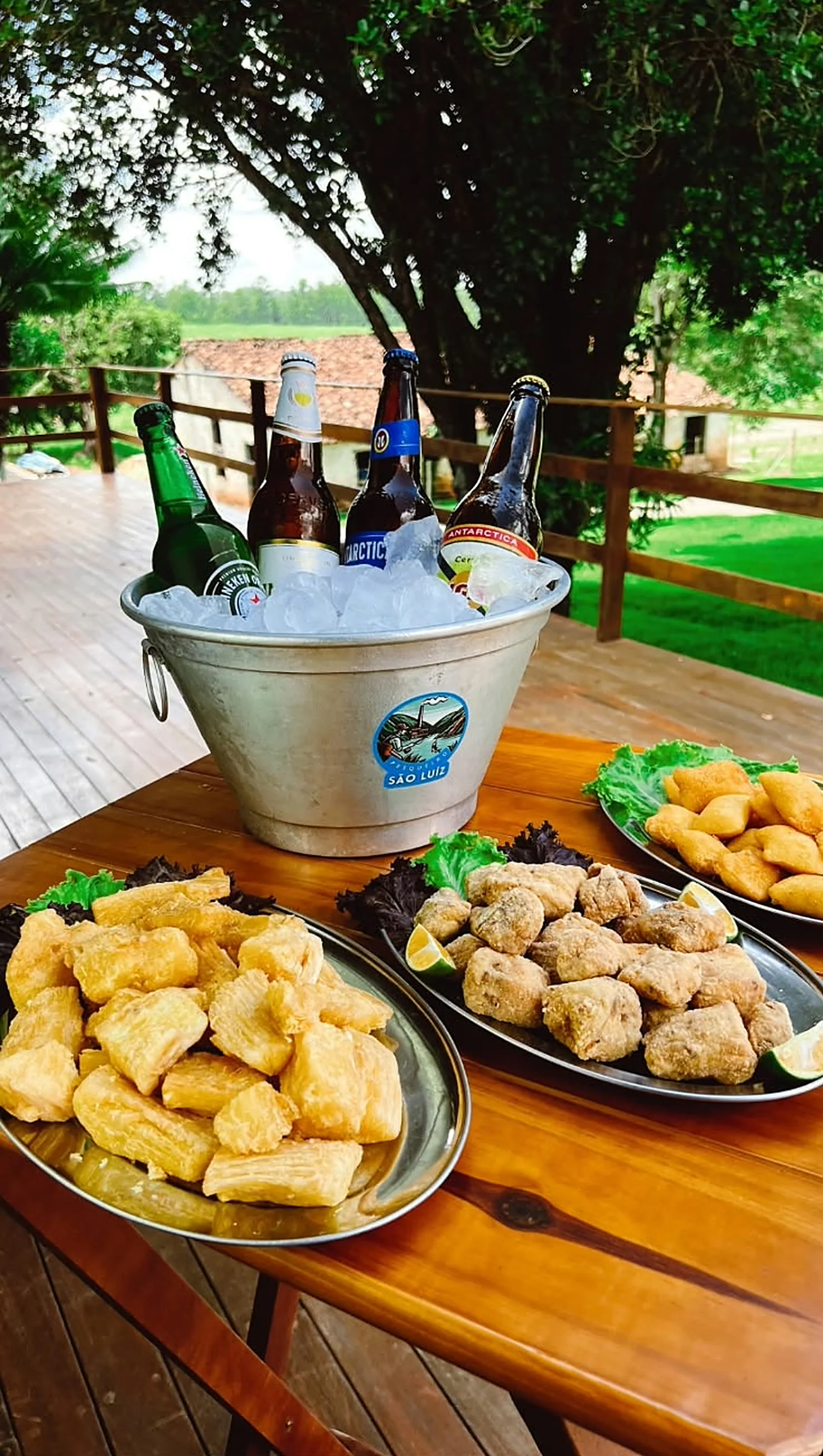 Balde com cervejas e bandejas de petiscos fritos na mesa de madeira